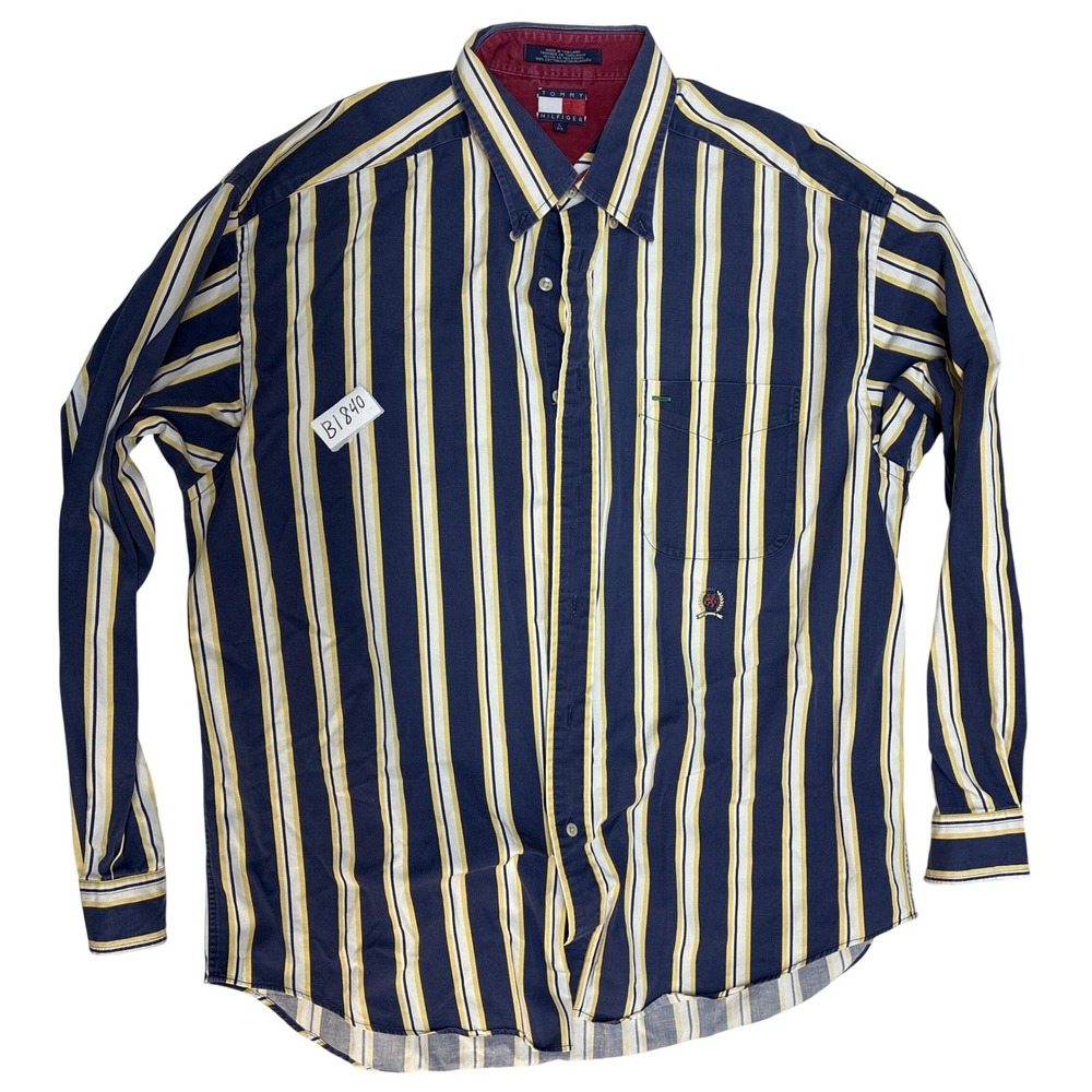 Tommy‎ Hilfiger Mens Large Vintage Striped Button Down Shirt Navy Yellow White L